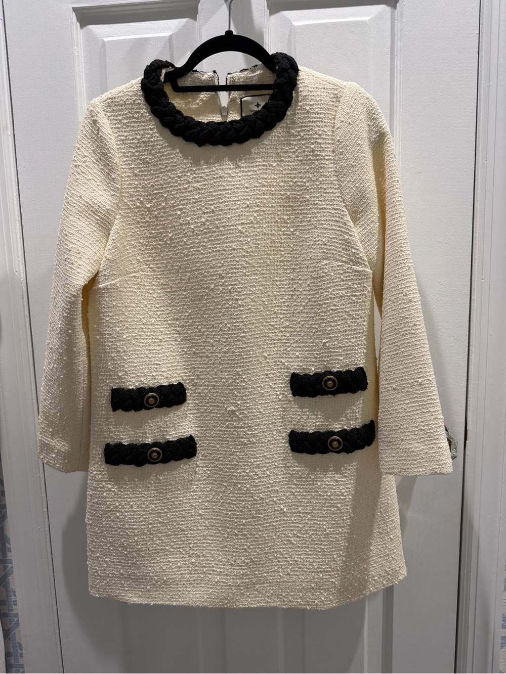 Tuckernuck Cream Tweed Dress with Black Braided Trim